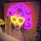 WOW Neon Sign Wall Decor with Curly Hair Girl – USB Powered UV Printed Neon Light for Bedroom, Bar & Party Decor, Single Color