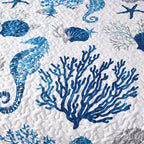 Ocean Style Quilt Cover Set 3pcs - Seahorse and Coral Pattern Bedspread with 2 Pillowcases Machine Washable All Seasons Soft Breathable Bedding for Bedroom and Dorm