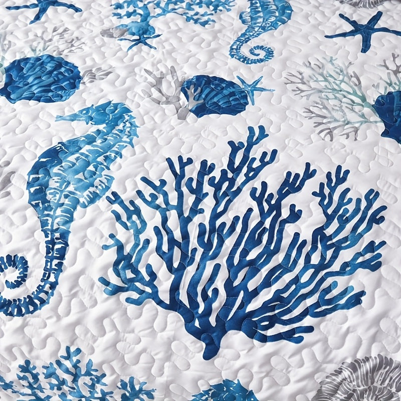 Ocean Style Quilt Cover Set 3pcs - Seahorse and Coral Pattern Bedspread with 2 Pillowcases Machine Washable All Seasons Soft Breathable Bedding for Bedroom and Dorm