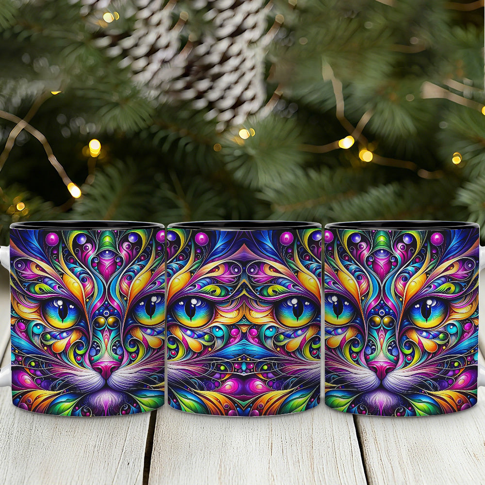Psychedelic Cat Coffee Mug 11oz - Colorful Cute Cat Design Cup for Cat Lovers, Home & Office Use, Birthday & Holiday Gift