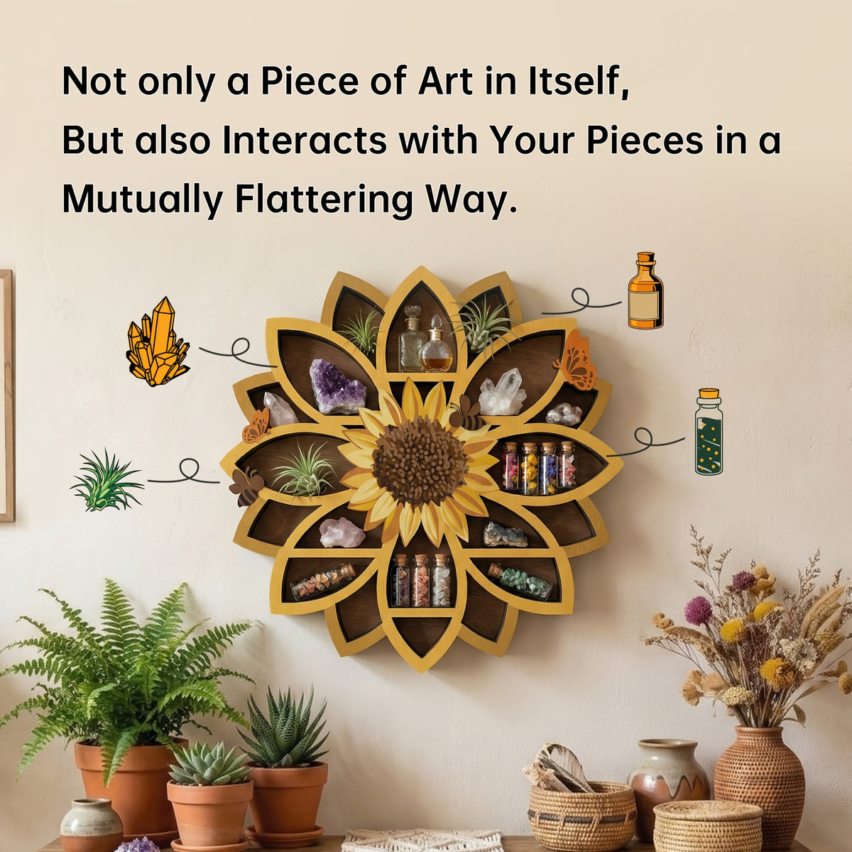 Wooden Sunflower Floating Shelf Wall-Mounted UV Printed Spiritual Decor – Crystal & Essential Oil Organizer, Meditation Room Wall Art, Living Room Storage Shelf