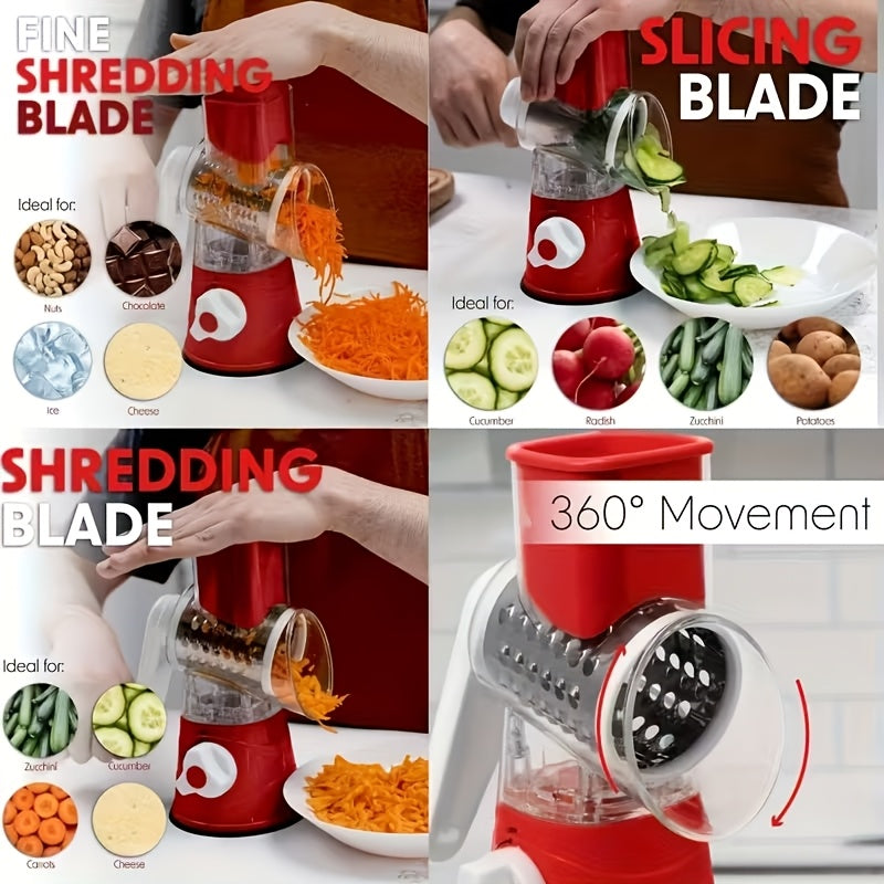 3-in-1 Manual Rotating Cheese & Vegetable Slicer with Interchangeable Drum – Handheld Stainless Steel Grater, Peeler & Chopper for Potatoes, Carrots, Cheese | Camping & Kitchen Use