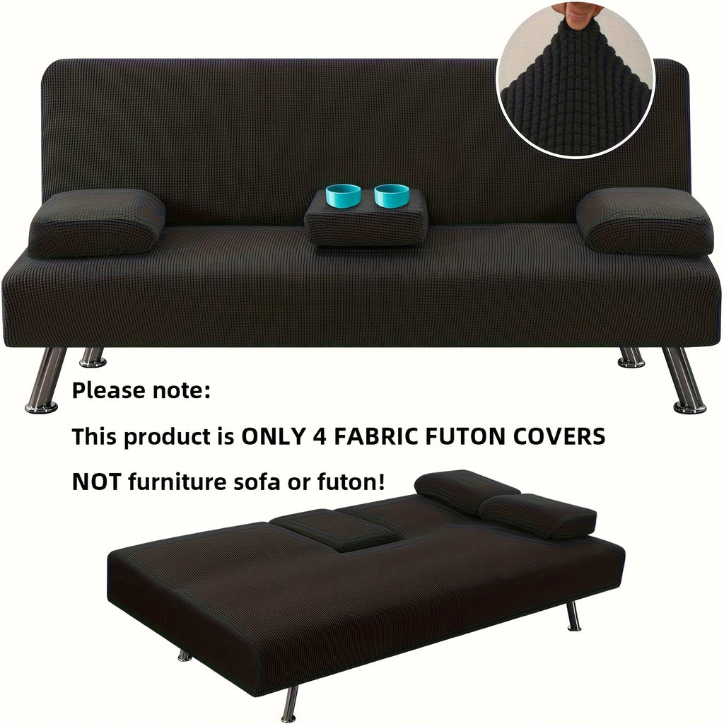 Sofa Cover 4-Piece Stretch Futon Slipcover Set with Removable Armrest & Cupholder Covers – Spandex Jacquard Furniture Protector, Black & Navy