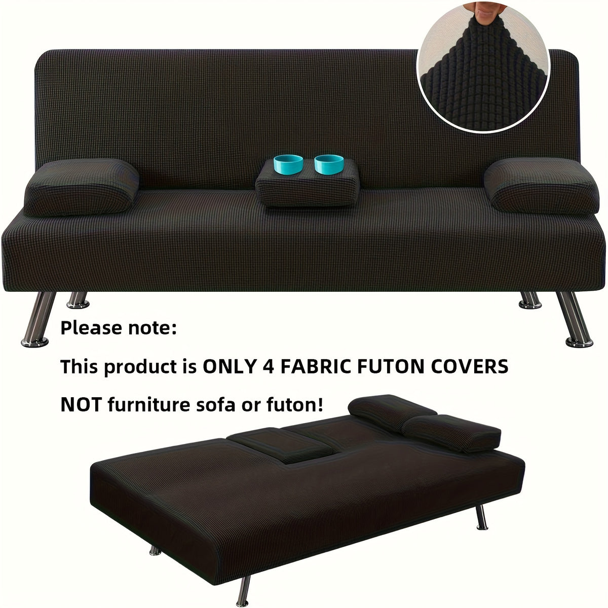 Sofa Cover 4-Piece Stretch Futon Slipcover Set with Removable Armrest & Cupholder Covers – Spandex Jacquard Furniture Protector, Black & Navy
