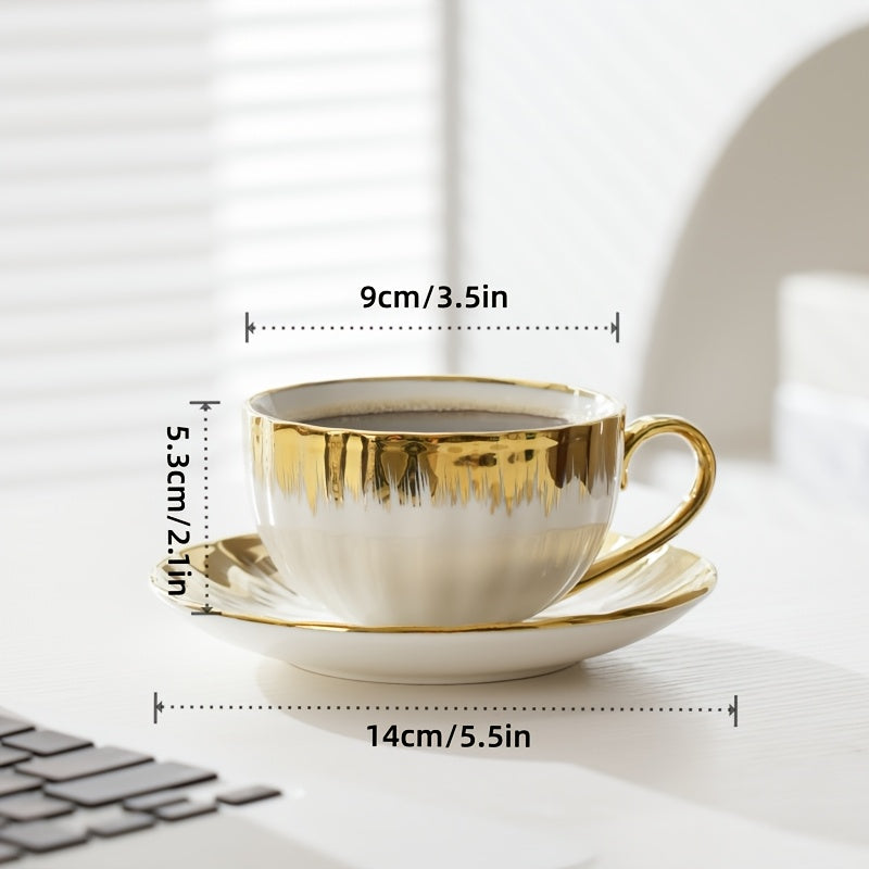 Ceramic Coffee Cup and Saucer Set of 6 – European Light Luxury 8.45oz Porcelain Tea Cups with Plates | Elegant Dinnerware for Home, Wedding & Holiday Gifting