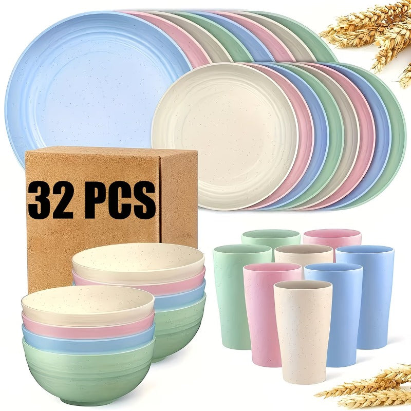 16 or 32pcs Wheat Straw Dinnerware Set Plates and Bowls Microwave Dishwasher Safe Durable Plastic Tableware for 8 – Party Gifts Multiple Colors