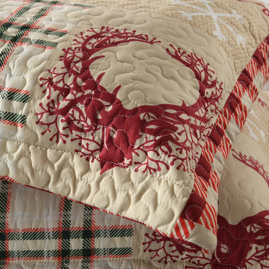 Christmas Quilt Set Queen King 3 Piece – Rustic Lodge Deer Snowman Snowflake Holiday Bedding Ensemble, Quilted Bedspread Coverlet with Pillow Shams, Machine Washable Lightweight Comforter