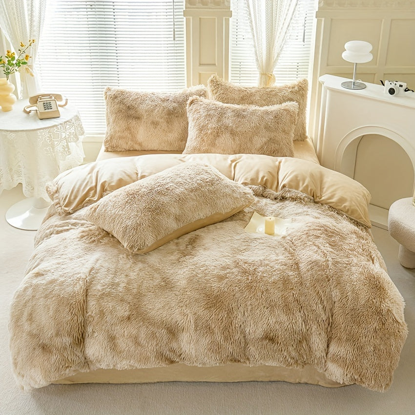 3-Piece Tie-Dye Long Plush Duvet Cover Set 1 Duvet Cover + 2 Pillowcases Zip Closure Machine Washable All-Season Elegant Bedroom Pink Khaki Light Gray Twin Full Queen King