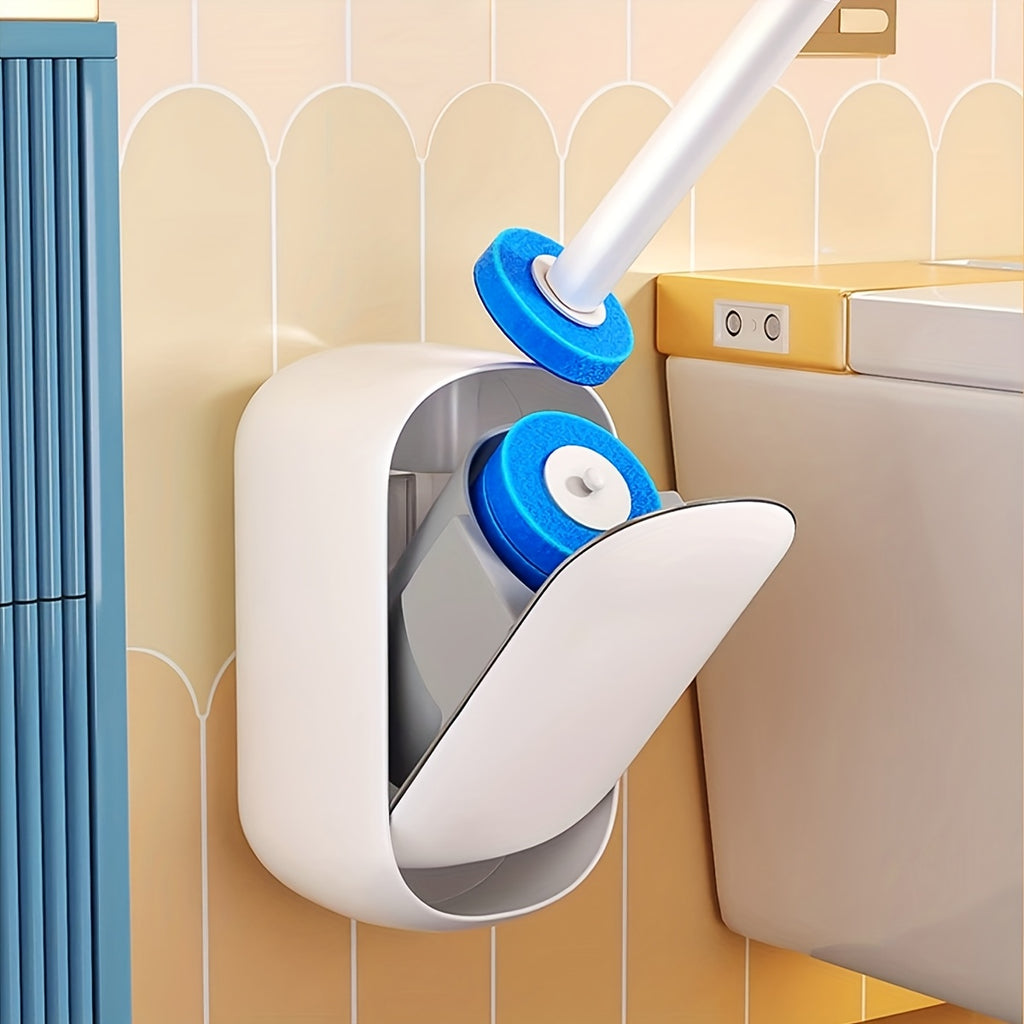 Disposable Toilet Brush Holder Wall Mounted with 6 Refill Heads & Scrubbing Solution – No-Touch Bathroom Cleaning Wand Set, White