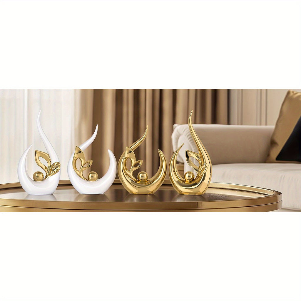 White Gold Ceramic Abstract Art Statue Set of 2 – Handcrafted Resin Sculpture Decor for Living Room, TV Cabinet & Wine Cabinet – Light Luxury Modern Home Decorations Centerpiece