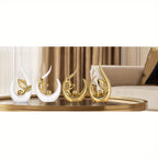 White Gold Ceramic Abstract Art Statue Set of 2 – Handcrafted Resin Sculpture Decor for Living Room, TV Cabinet & Wine Cabinet – Light Luxury Modern Home Decorations Centerpiece