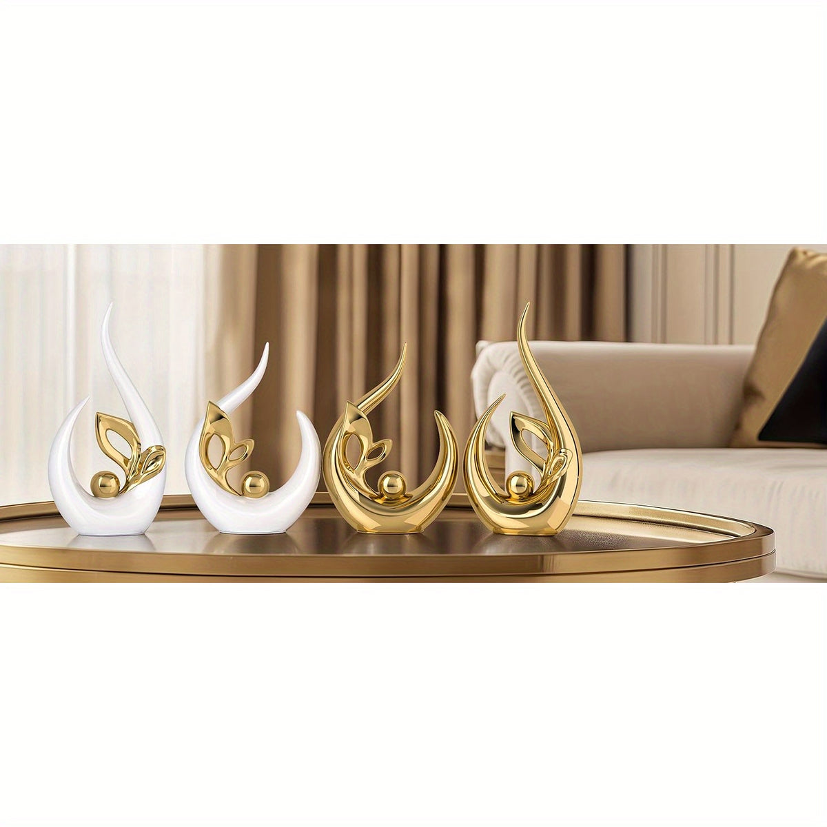 White Gold Ceramic Abstract Art Statue Set of 2 – Handcrafted Resin Sculpture Decor for Living Room, TV Cabinet & Wine Cabinet – Light Luxury Modern Home Decorations Centerpiece