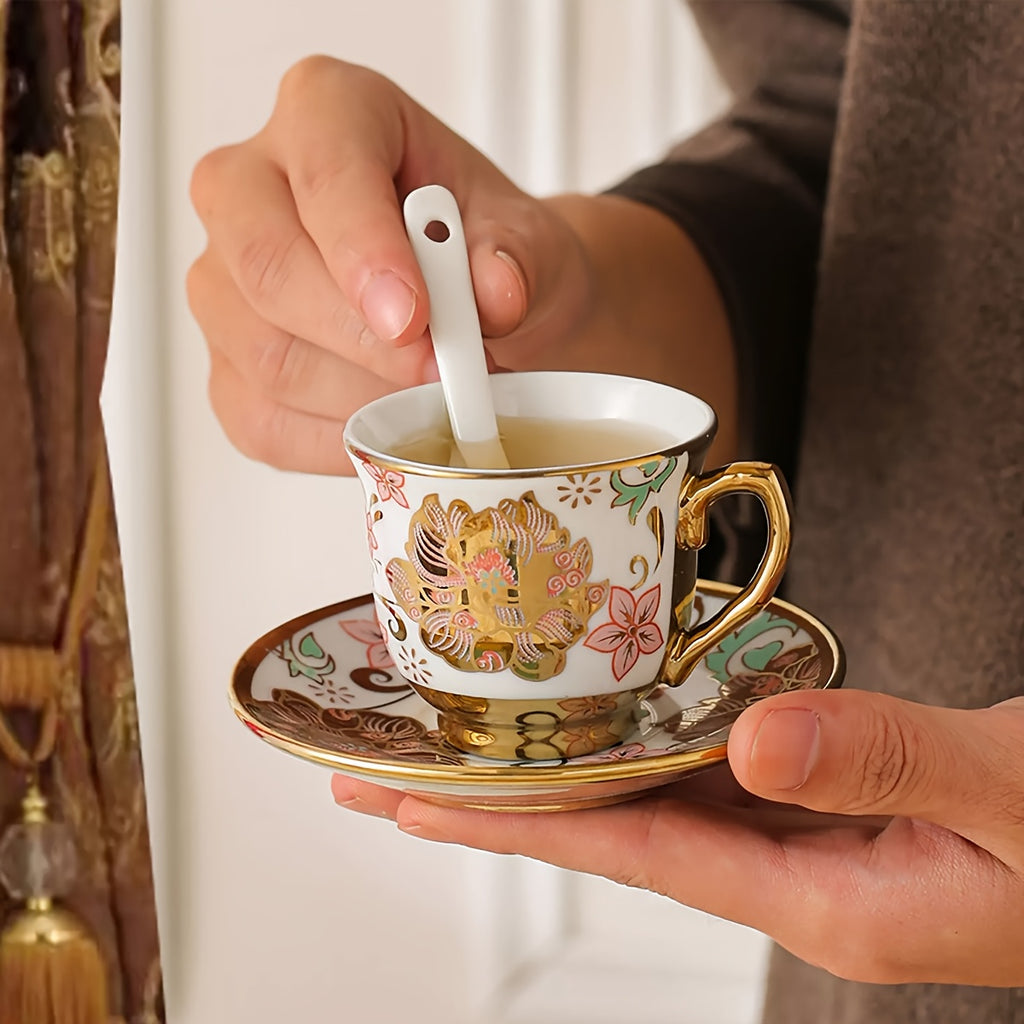 20-Piece Floral Porcelain Tea Set with Metal Holder & Teapot - European Ceramic Espresso Cup and Saucer Set, 3.3oz Cups 15oz Teapot, Afternoon Tea Gift for Golden Pink Purple Flower