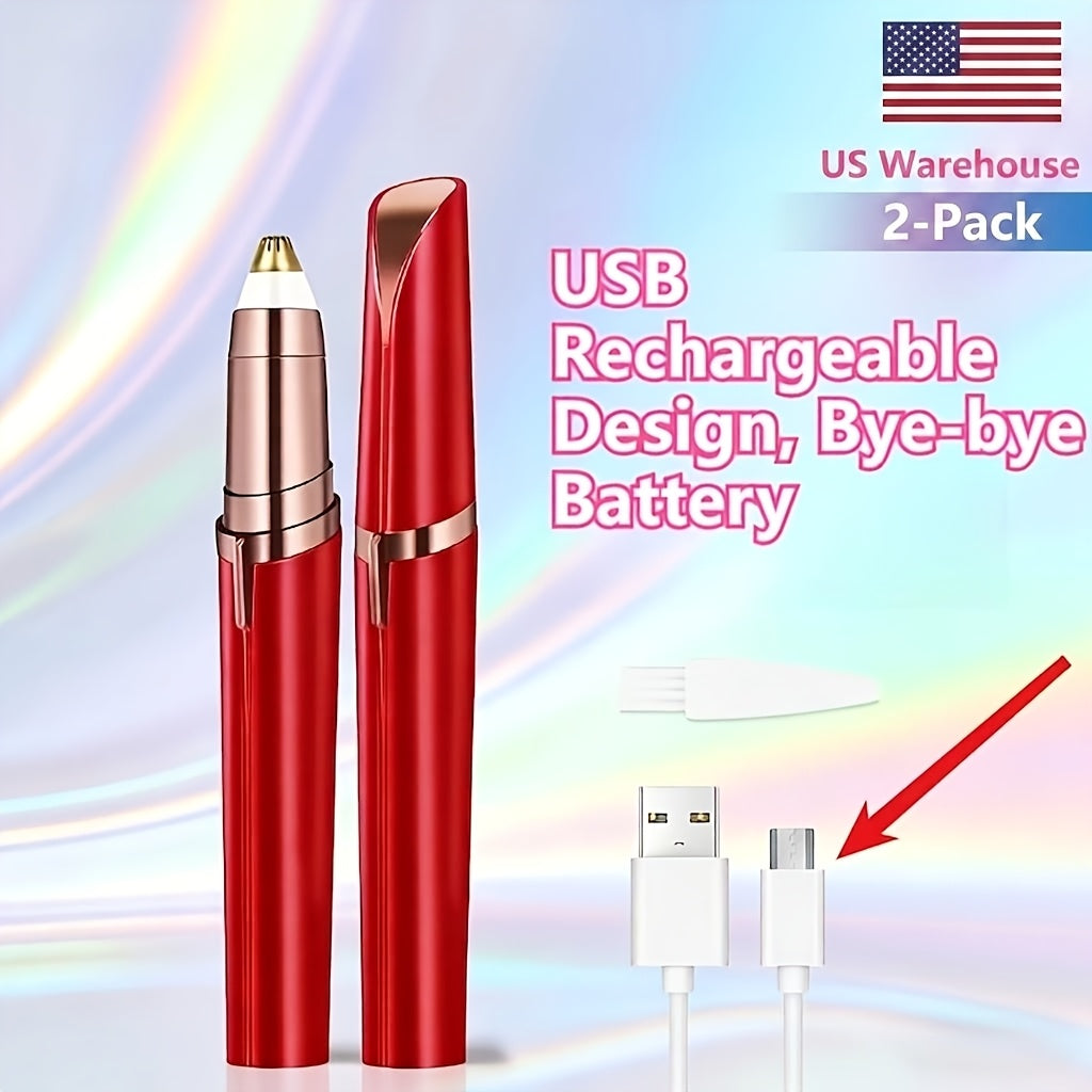 Electric Eyebrow Trimmer 2 Pack USB Rechargeable Painless Precision Hair Remover Women - Face Leg Lip Armpit Portable Razor Pink Rose Gold