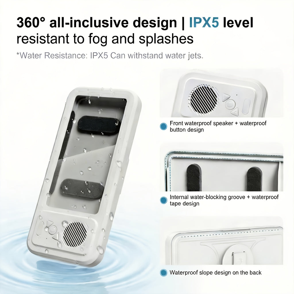 Shower Phone Holder 360 Degree Rotating Waterproof Wall Mount with Wireless Bluetooth Speaker IPX5 Rated for Bathroom Tub Kitchen Mirror Compatible with 4-6.8 Inch Phones Black White Pink