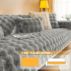 Bubble Faux Rabbit Fur Sofa Cover Non-Slip Stretchable 3/4 Seat Slipcover – Silicone Grip Breathable Furniture Protector for Living Room, Bed & Dorm, Machine Washable in Beige, Dark Grey & Khaki