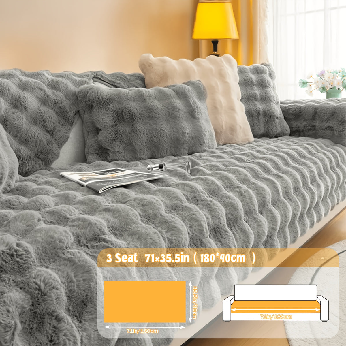 Bubble Faux Rabbit Fur Sofa Cover Non-Slip Stretchable 3/4 Seat Slipcover – Silicone Grip Breathable Furniture Protector for Living Room, Bed & Dorm, Machine Washable in Beige, Dark Grey & Khaki