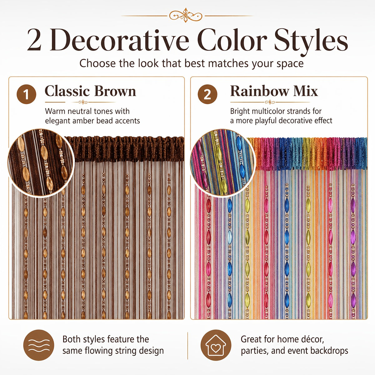 Beaded String Curtain Room Divider Boho Fringe Tassel Doorway Panel – Easy Hang Decorative Bead Curtain for Bedroom, Living Room & Hallway | 2 Colors