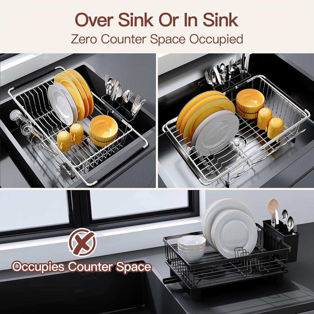 Stainless Steel Over-the-Sink Dish Drying Rack & Colander Strainer Basket with Expandable Grip – Heavy-Duty Sink-Mounted Dish Drainer for Vegetable Washing & Space-Saving Kitchen Organization