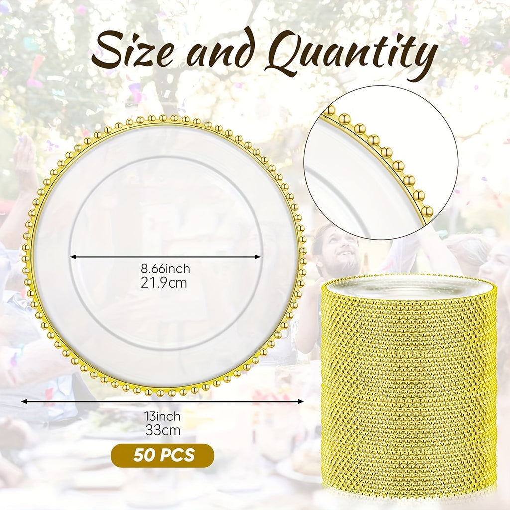 Plastic Charger Plates 50 Pack – 13 Inch Beaded Rim Decorative Dinner Plates for Wedding, Birthday, Bridal Shower & Party Table Settings, Gold or Silver