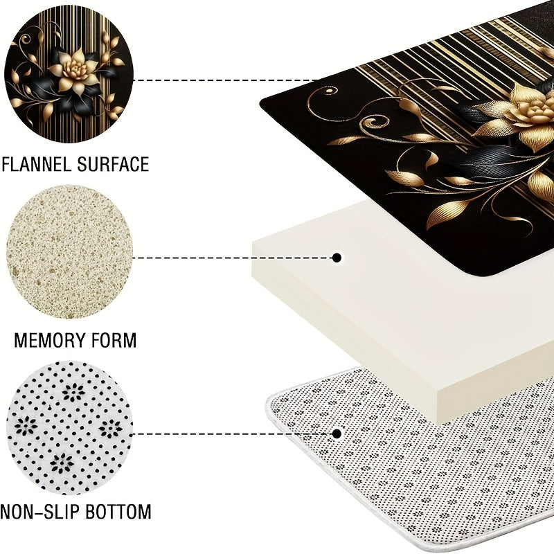 Black Gold Floral Shower Curtain Set 4 Piece with Hooks Anti-Slip Bath Rug Toilet Lid Cover & U-Shaped Mat – 71x71 Inch Luxury Bathroom Decor