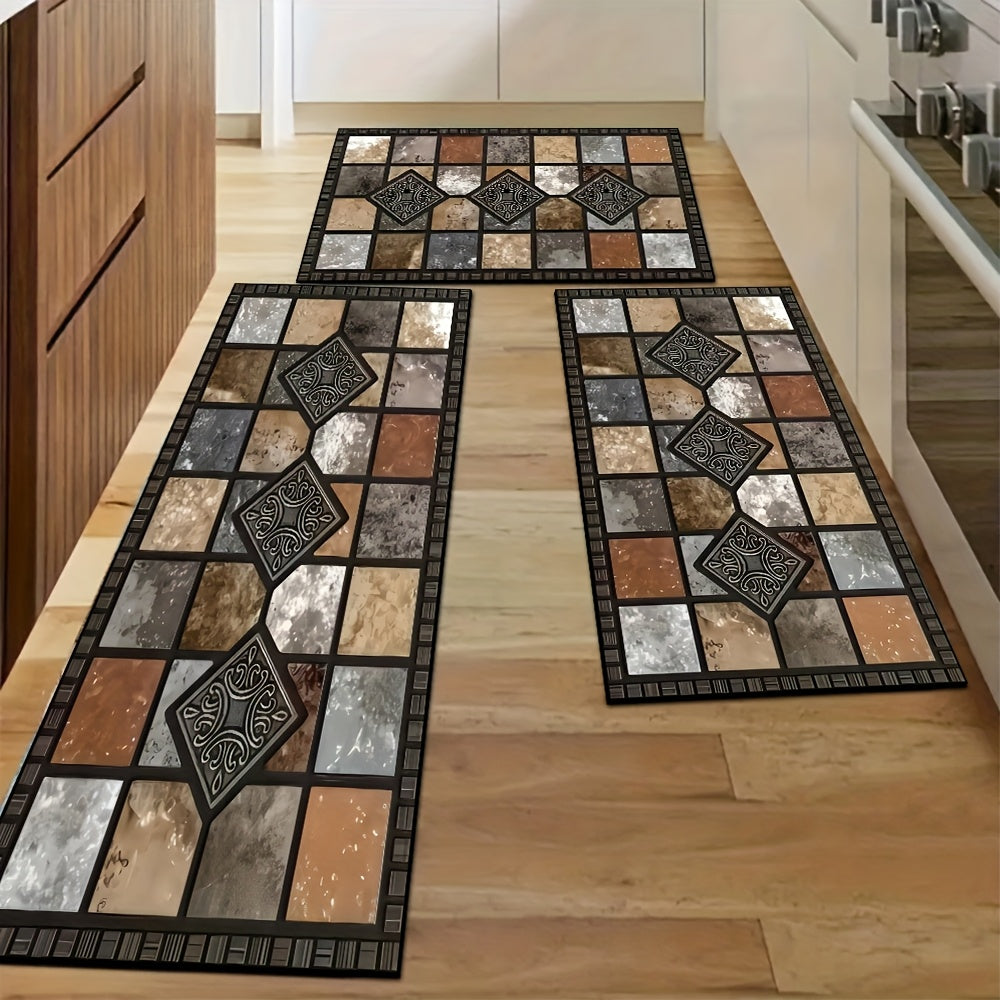 Vintage Plaid Kitchen Mat Set 2 Piece Brown Absorbent Non-Slip Fast Drying Machine Washable Floor Mats for Bathroom Kitchen Hallway Laundry Room