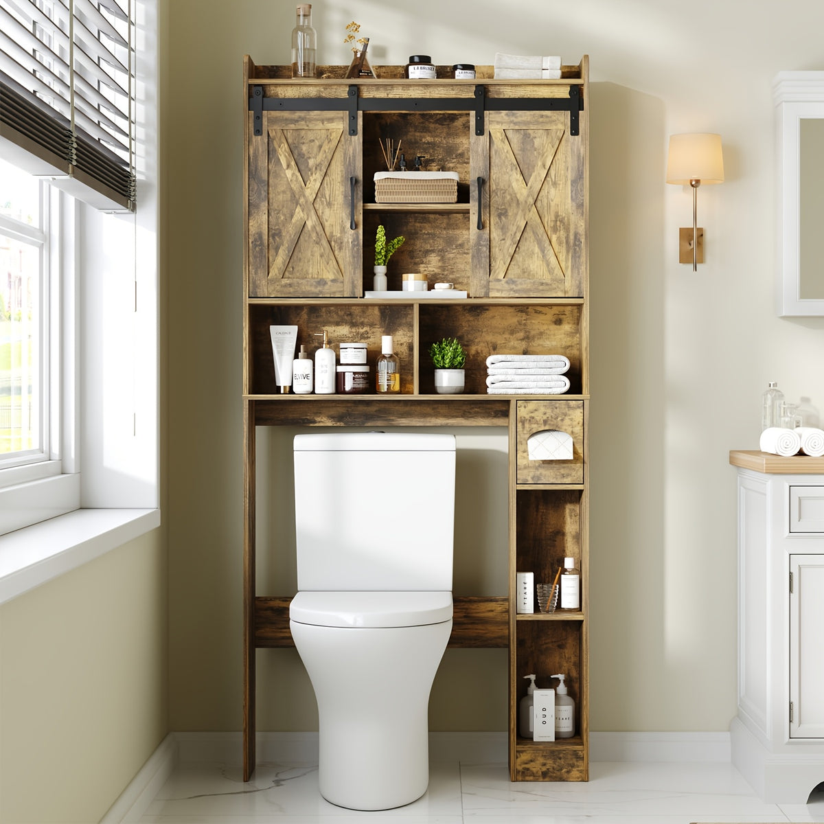 Farmhouse Over Toilet Cabinet with Sliding Doors Engineered Wood Adjustable Shelf Toilet Paper Holder Stand Space Saving Bathroom Storage No Wall Mount Multiple Colors