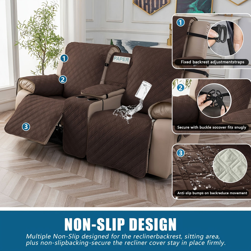 Recliner Loveseat Cover with Console 4-Piece Chenille Quilted Waterproof Slipcover | Non-Slip Pet Scratch Resistant Sofa Protector with Cup Holder Pocket, 9 Colors