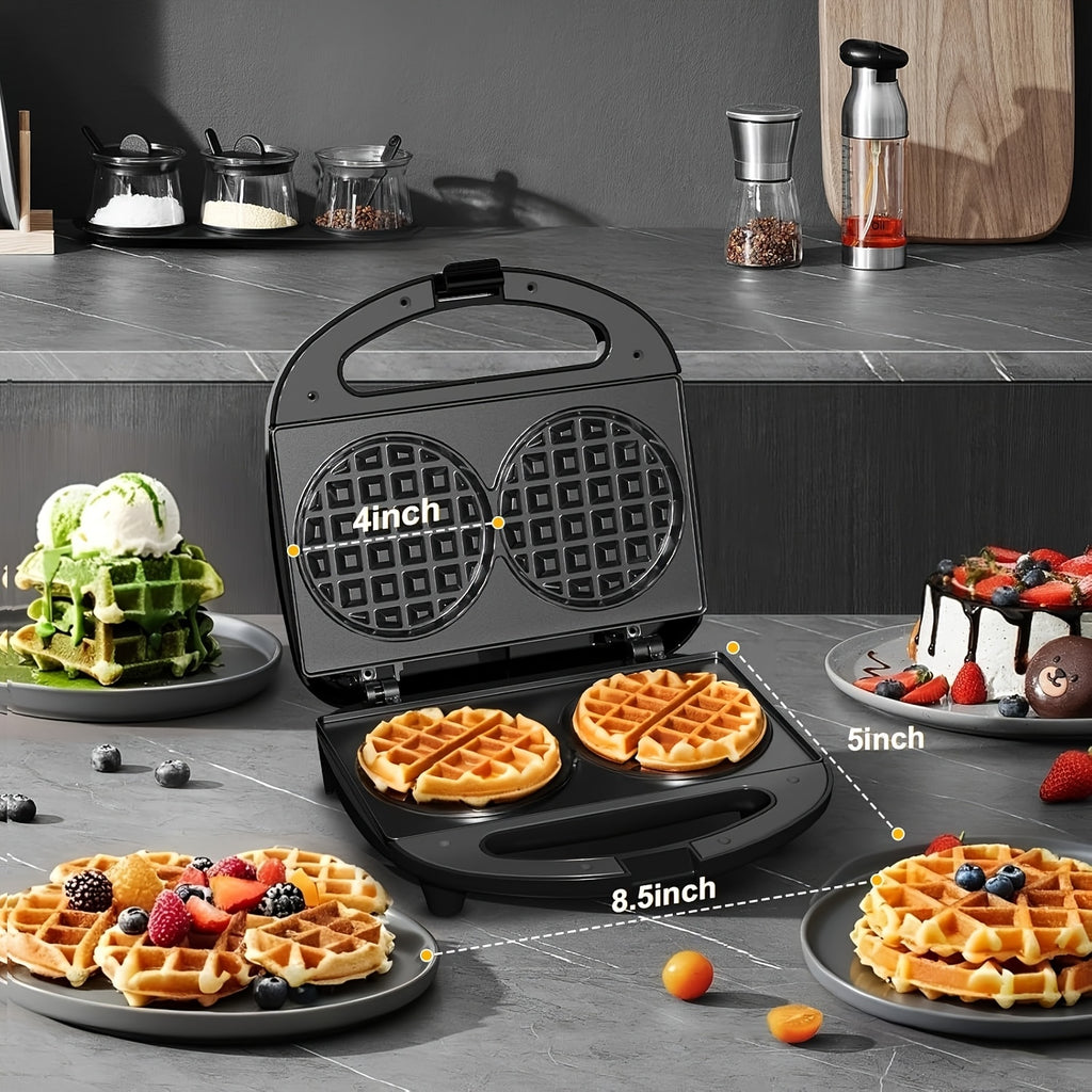 Mini Waffle Maker Makes 8 Bite-Size 2-Inch Waffles Dual Non-Stick Plates Cool Touch Handle Compact Family Breakfast Maker