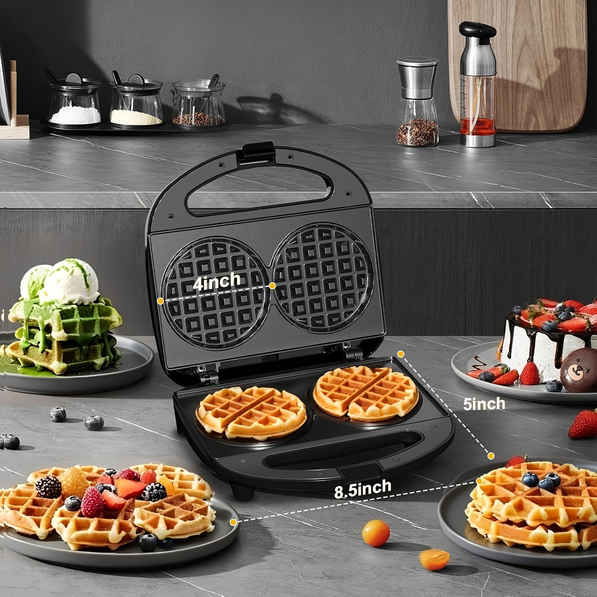 Mini Waffle Maker Makes 8 Bite-Size 2-Inch Waffles Dual Non-Stick Plates Cool Touch Handle Compact Family Breakfast Maker