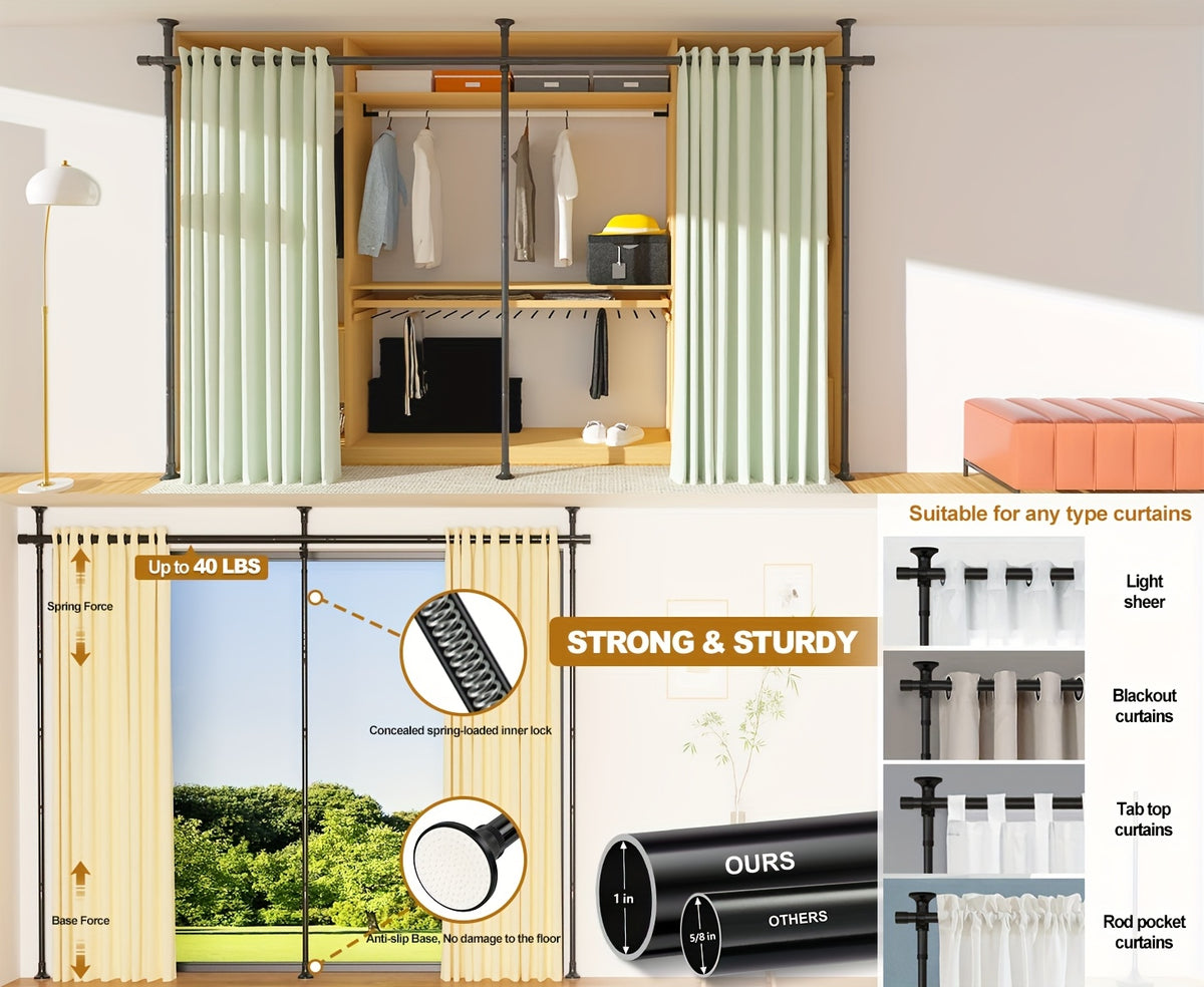 Floor to Ceiling Room Divider Rod No Drill Tension – Adjustable 4-10ft Tall 28-114" Wide Heavy Duty Curtain Partition Stand for Bedroom Studio Apartment, Matte Black White