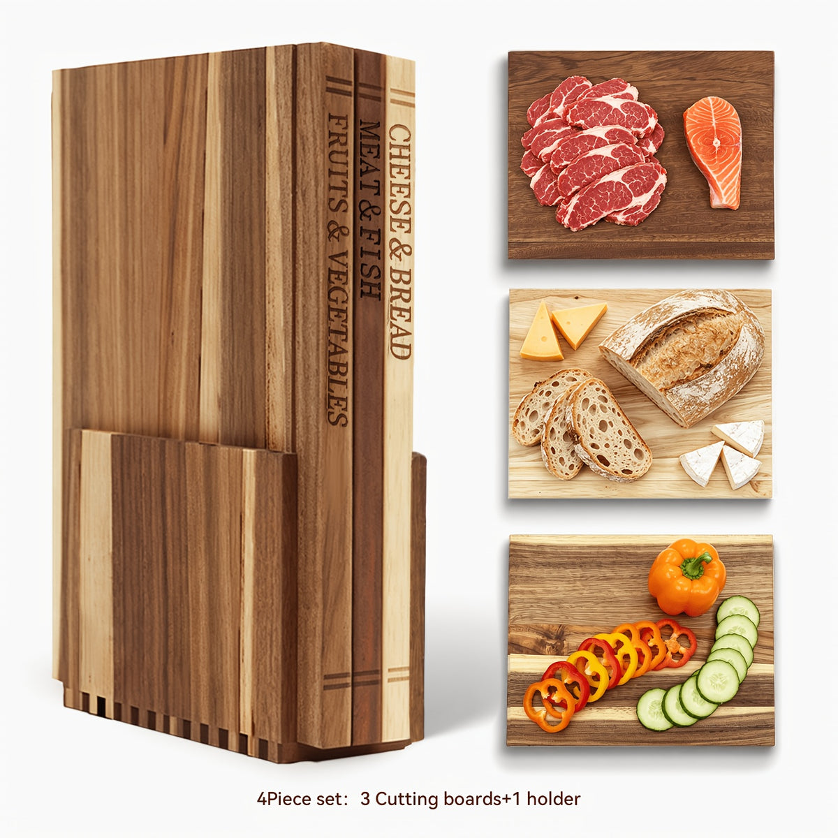 Acacia Wood Cutting Board Set 3-Piece with Stand – Book-Shaped Decorative Chopping Boards for Vegetables, Cheese, Bread & Meat, Kitchen Gift Set