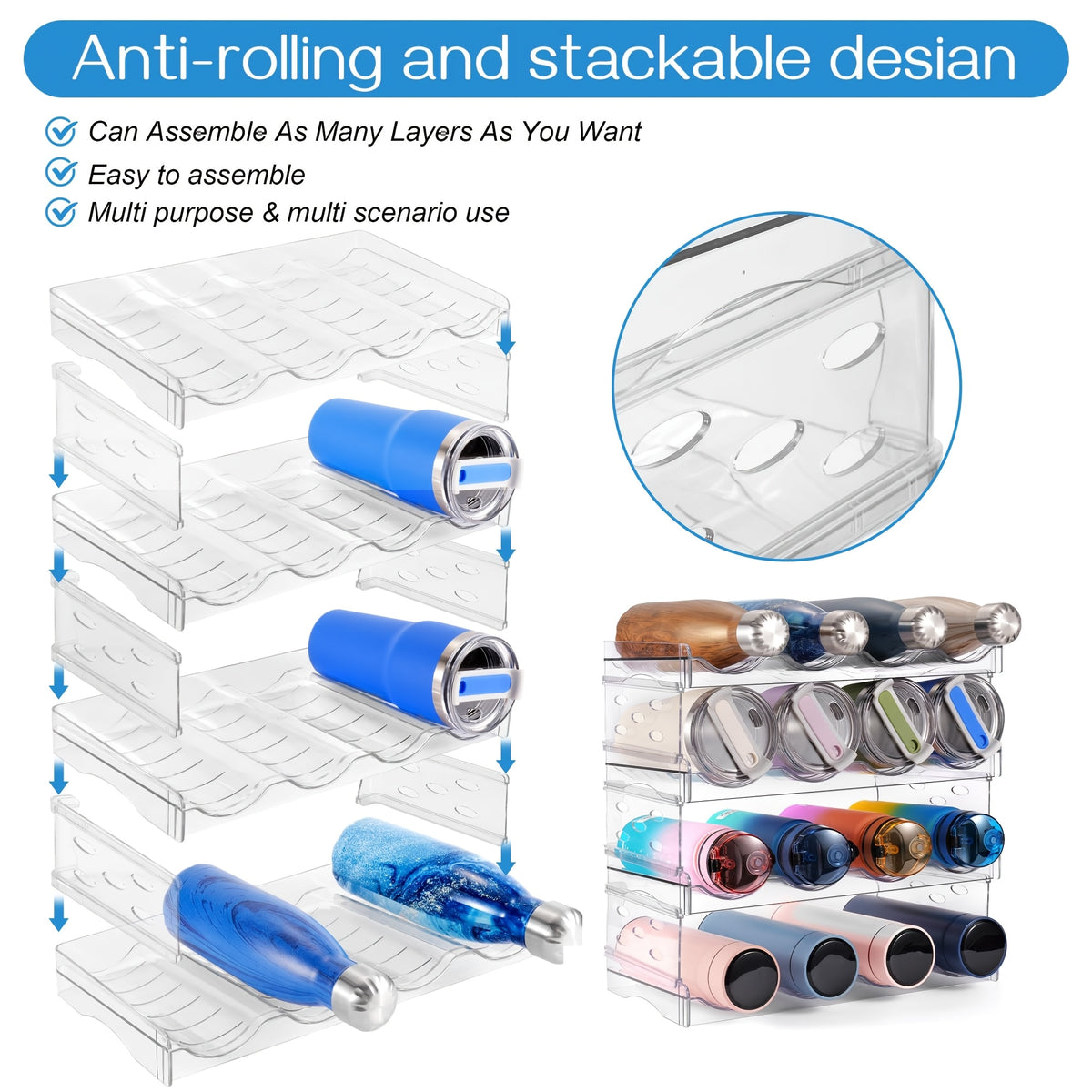 Stackable Water Bottle Organizer 4 Tier Clear – Large Compartment Bottle Holder Rack for Cabinet, Kitchen Organization & Storage, Holds Up to 16 Bottles