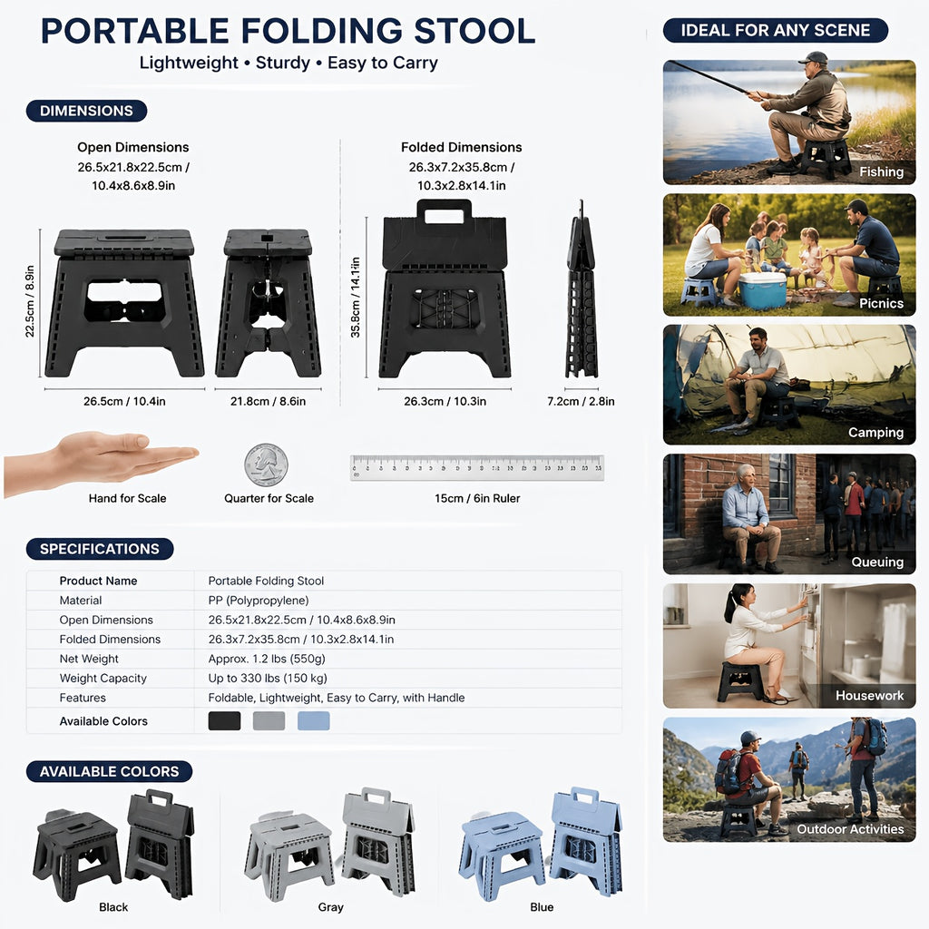 Heavy-Duty Portable Folding Stool 330 LBS Capacity – Compact Square Plastic Step Stool for Camping, Fishing, Picnic, Indoor & Outdoor Use (Black, Grey, Blue)