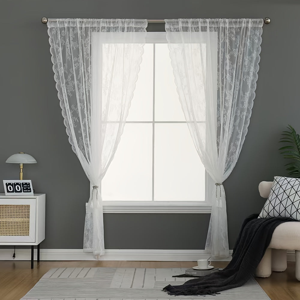 Vintage Floral Lace Sheer Curtains 2 Panels - Yarn-Dyed Dotted Netting Rustic Pastoral Semi-Sheer, 59" Wide Light Filtering Machine Washable for Living Room Kitchen Door Outdoor Wedding, White Green Black