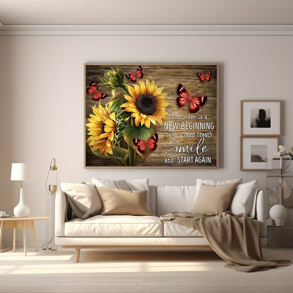 Inspirational Quote Canvas Wall Art Framed Sunflower Red Butterfly – Every Day Is A New Beginning Rustic Farmhouse Wall Decor Ready to Hang, Motivational Living Room Bedroom Gift