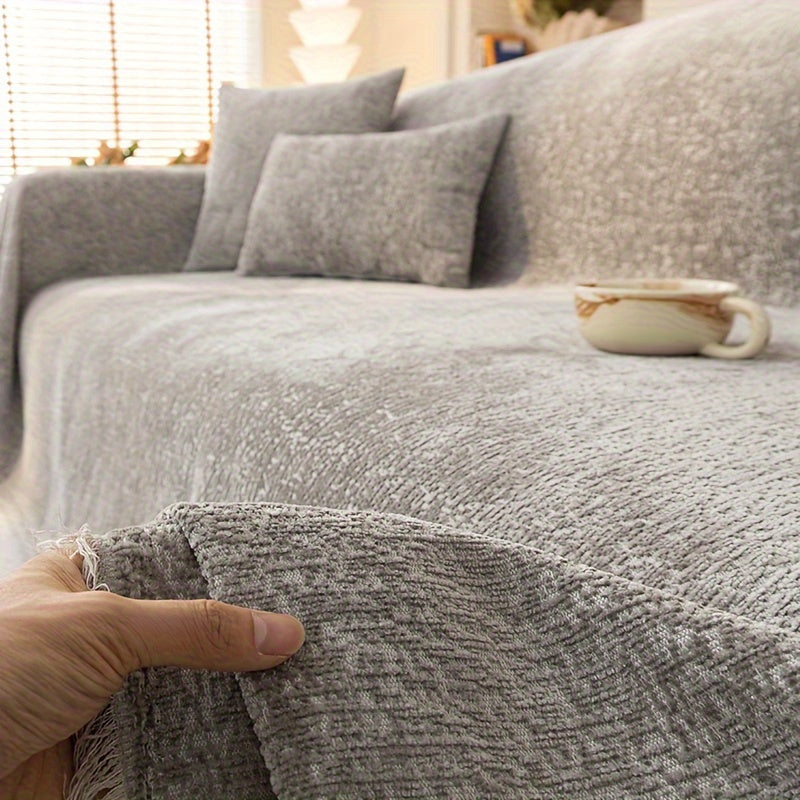 Chenille Fringe Couch Protector Slipcover – Super Soft Pet-Friendly Solid Sofa Cover for 2 3 4 Seater, Living Room Decoration, Cream White Green Grey Orange