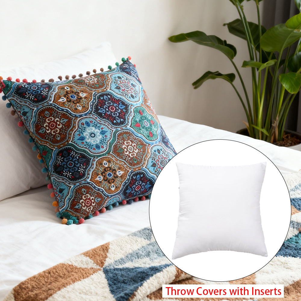 2-Pack Turkish Moroccan Throw Pillows with Inserts Reversible Floral Boho Decorative Pillow 18x18 Inch Polyester Square Cushion Zip Cover for Sofa Couch Bedroom Living Room 7 Colors