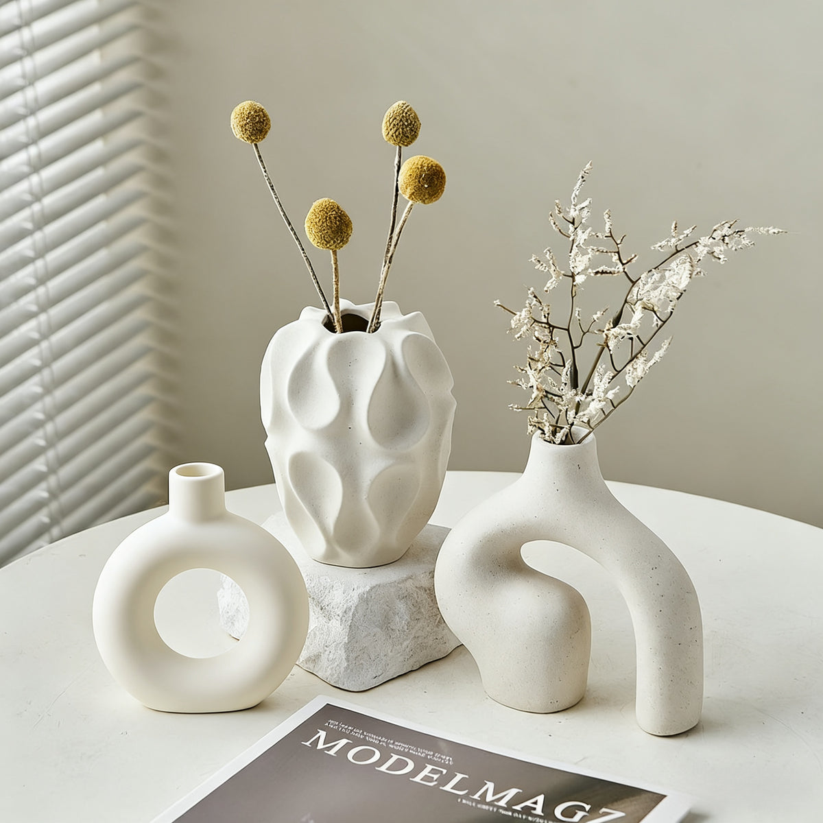 3-Piece Ceramic Vase Set for Home Decor – Bohemian Farmhouse Style Beige Decorative Vases for Pampas Grass, Living Room, Bedroom, Kitchen, Entryway & Mantel