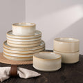 12-Piece Stoneware Dinnerware Set for 4 – Reactive Glaze Plates & Bowls, Lead-Free, Microwave & Dishwasher Safe, Raised Stripe Edge Design (Cappuccino White or Vanilla White)