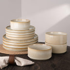 12-Piece Stoneware Dinnerware Set for 4 – Reactive Glaze Plates & Bowls, Lead-Free, Microwave & Dishwasher Safe, Raised Stripe Edge Design (Cappuccino White or Vanilla White)