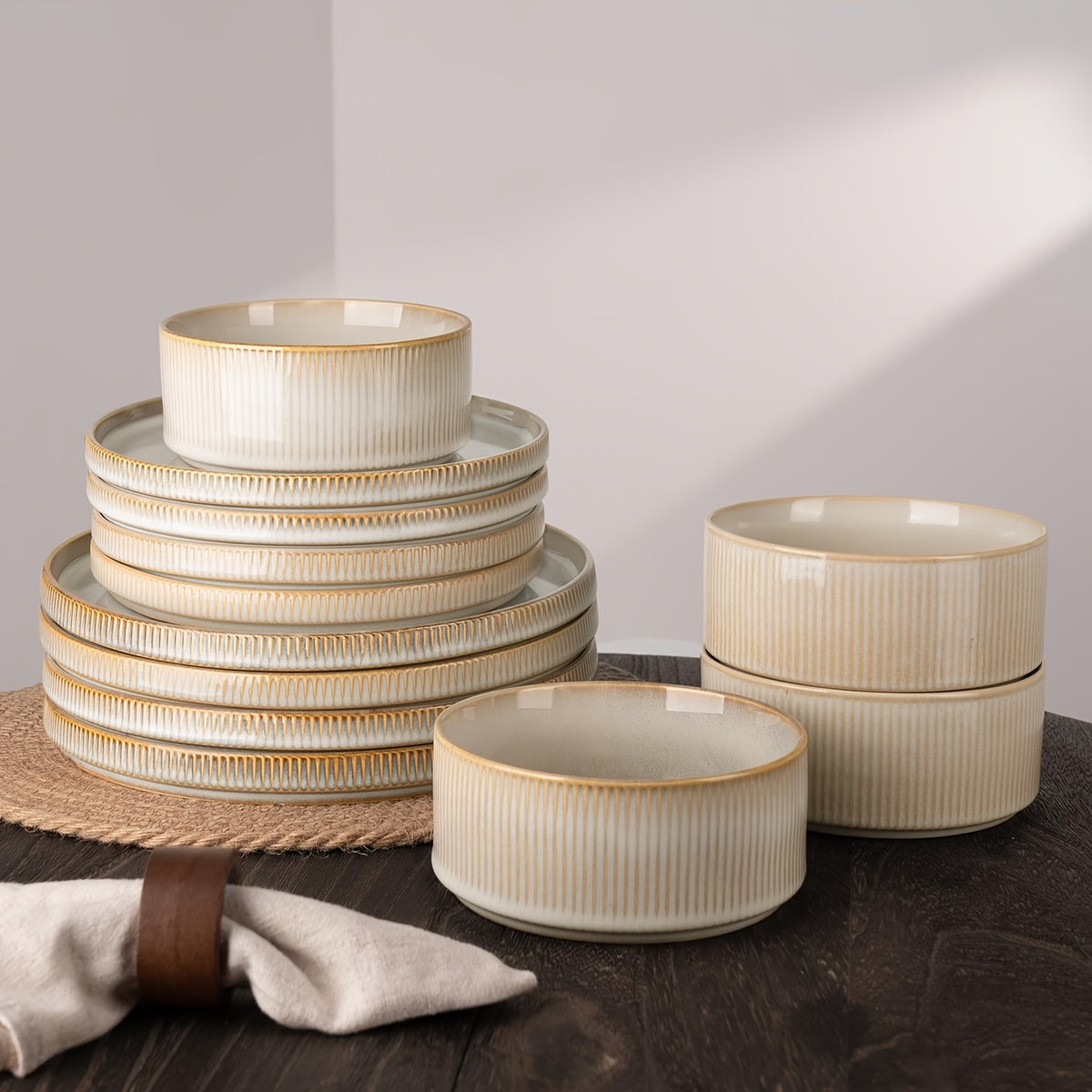 12-Piece Stoneware Dinnerware Set for 4 – Reactive Glaze Plates & Bowls, Lead-Free, Microwave & Dishwasher Safe, Raised Stripe Edge Design (Cappuccino White or Vanilla White)