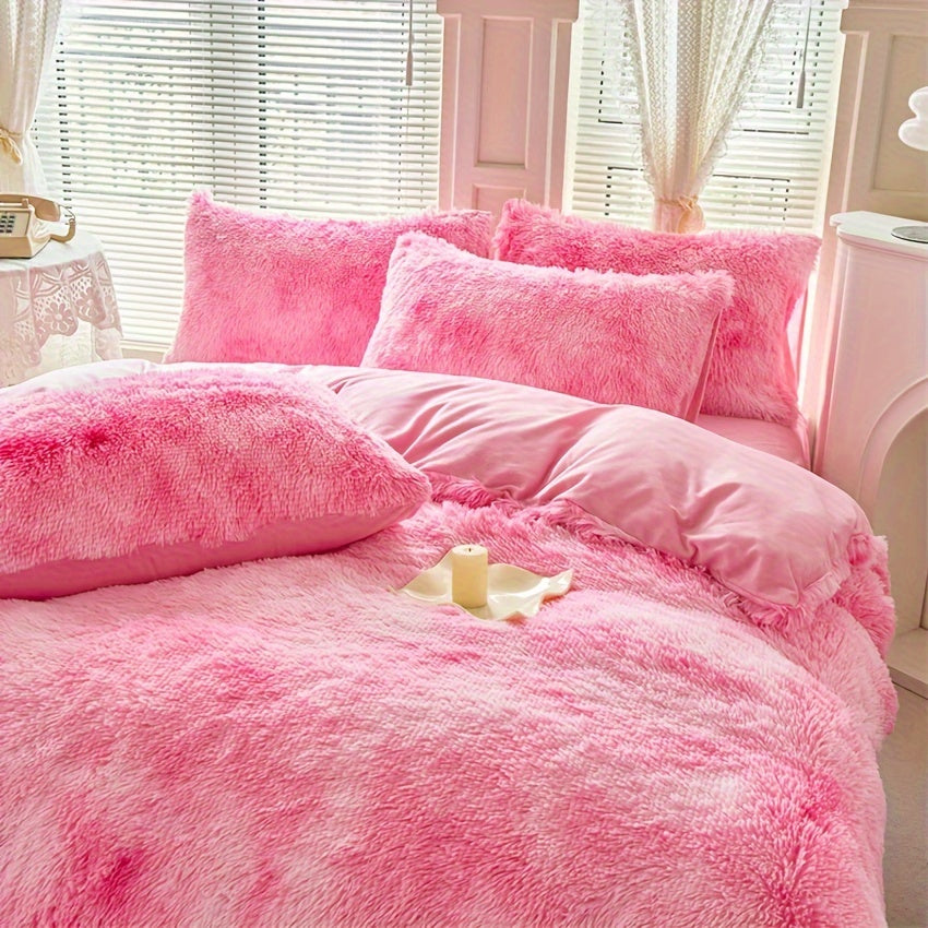 3-Piece Tie-Dye Long Plush Duvet Cover Set 1 Duvet Cover + 2 Pillowcases Zip Closure Machine Washable All-Season Elegant Bedroom Pink Khaki Light Gray Twin Full Queen King