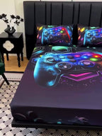Gamepad Bed Sheet Set 3 Piece – Sports & Leisure Video Game Print Flat Sheet with 2 Pillowcases, Deep Pocket 15" Mattress Fit, High Definition Print Bedroom Decor Gift for Boys and Girls