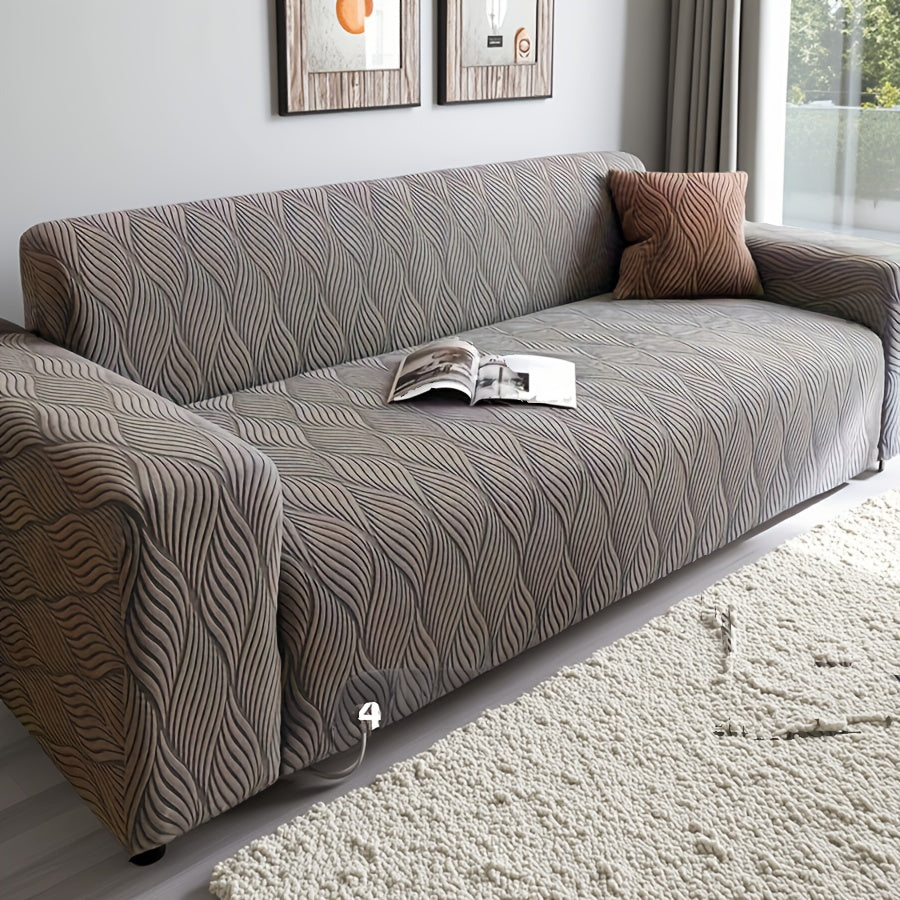 Jacquard Elastic Sofa Cover – Modern Artistic Slip-Resistant Couch Slipcover | All-Season Polar Fleece Furniture Protector for Living Room, Office & Bedroom | Includes Free Pillow Cover | 1-4 Seater