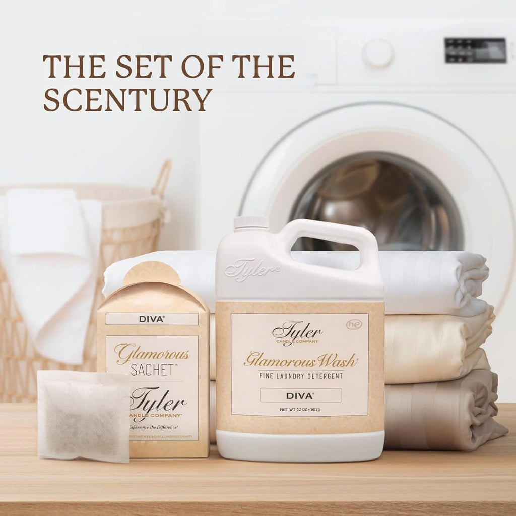 Luxury Scented Laundry Detergent Set, Diva Fragrance Fine Liquid Wash 32oz with Dryer Sachets & Stain Remover Pen, Hand & Machine Safe for Delicates Linens Clothing