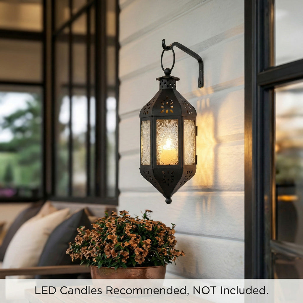 Moroccan Hanging Candle Lantern with Chain – Vintage Boho Style Iron & Glass Tealight Holder for Home, Patio, Garden, Wedding & Ramadan Decor (23.5" Overall)