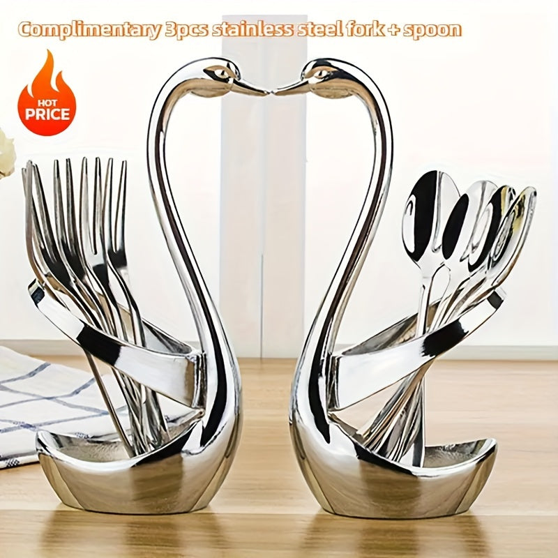 Swan-Shaped Stainless Steel Cutlery Rack with Fork & Spoon Set 7-Piece – Elegant Decorative Silverware Holder for Holiday Table Decor, Christmas, Halloween & Gifts