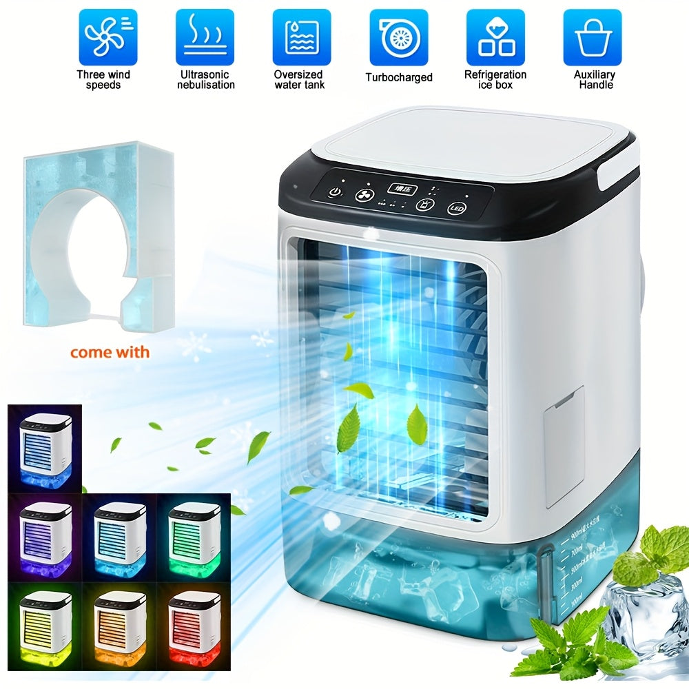 Fan Humidifier Combo USB Desk Mist Fan with Colorful LED Mood Lights Soundwave Technology 3-Speed Quiet Cooling Large Ice Box Carrying Handle Home Office Bedroom Gift
