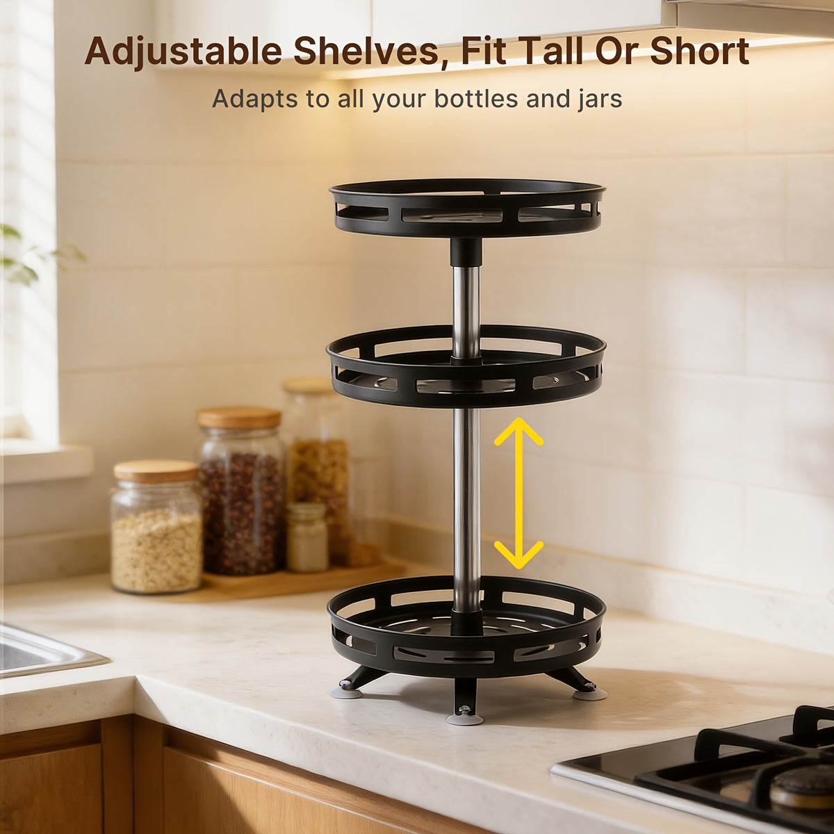 3-Tier Rotating Spice Rack – Metal Turntable Countertop Spice Jar Organizer for Kitchen, Seasoning Storage Rack, Sleek Black Finish